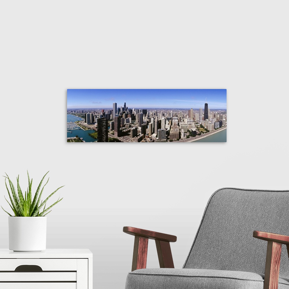 A modern room featuring Aerial view of buildings in a city, Lake Michigan, Lake Shore Drive, Chicago, Illinois