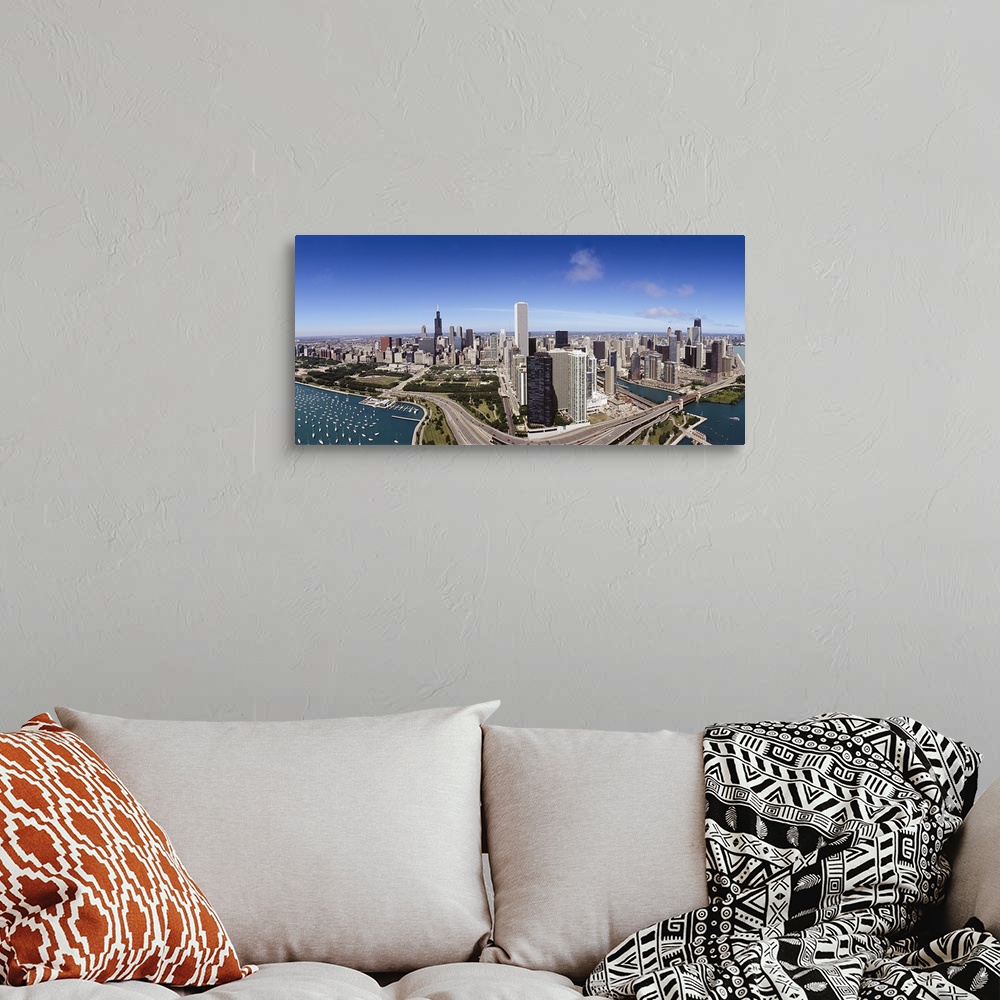 A bohemian room featuring Aerial view of buildings in a city, Lake Michigan, Lake Shore Drive, Chicago, Illinois