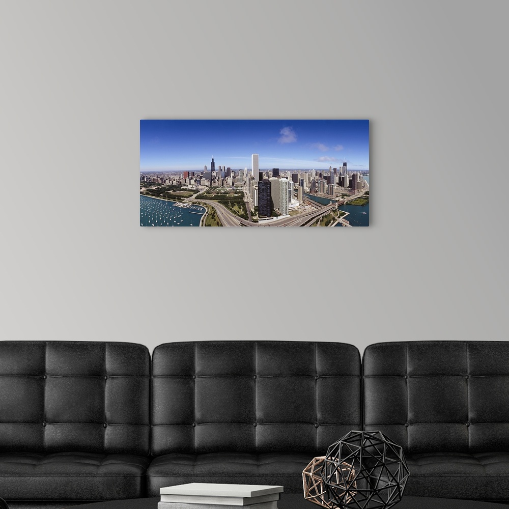 A modern room featuring Aerial view of buildings in a city, Lake Michigan, Lake Shore Drive, Chicago, Illinois