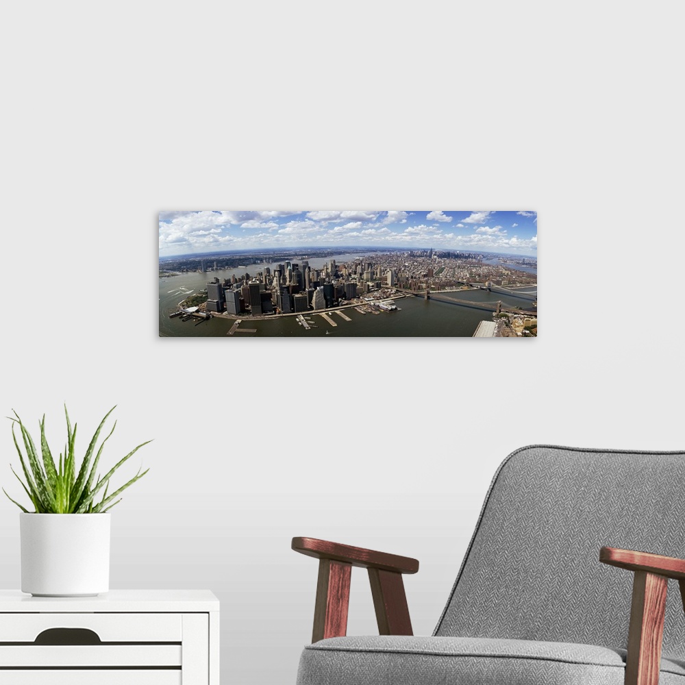 A modern room featuring Gigantic panoramic photo of Manhattan and surrounding areas in New York City, New York (NY) on a ...