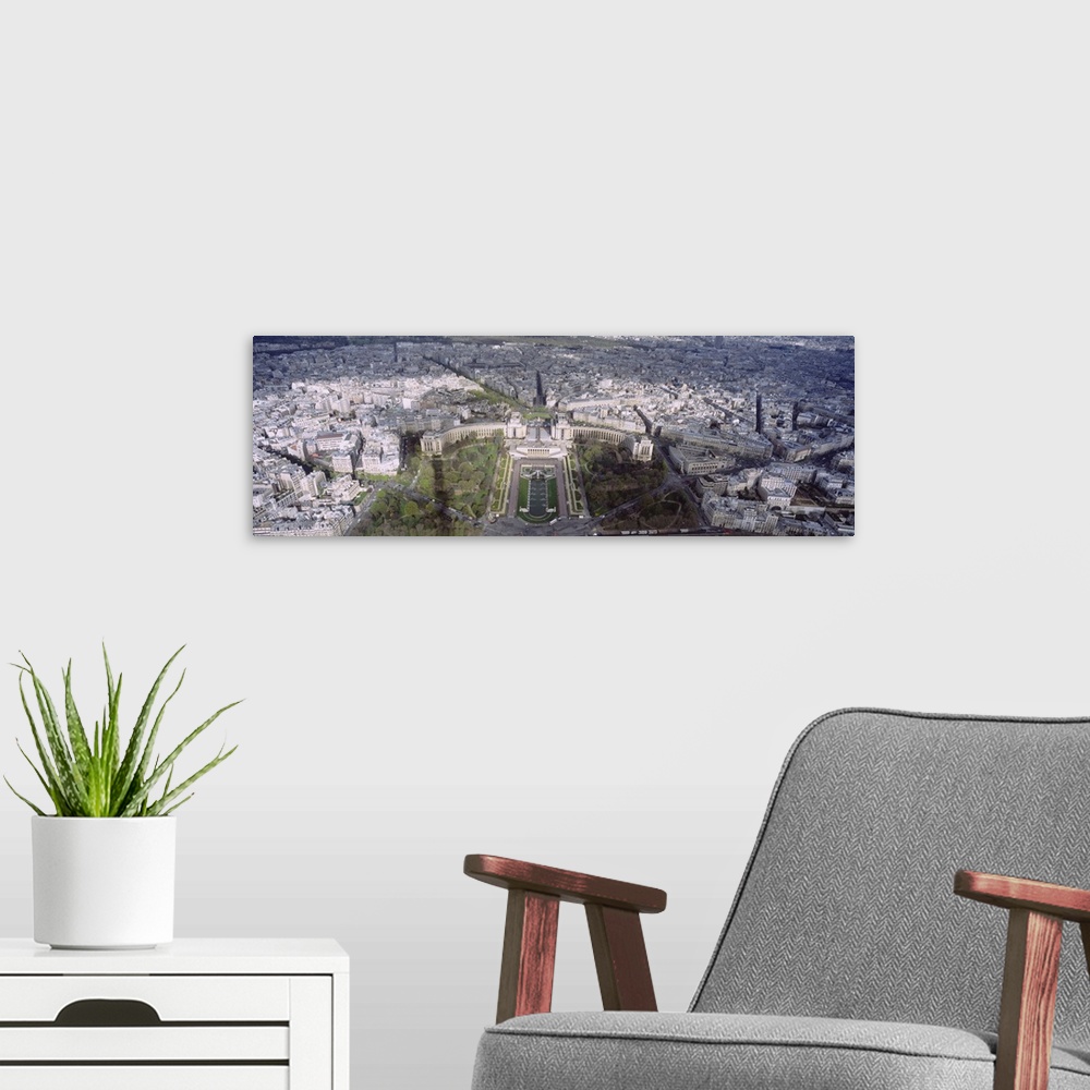 A modern room featuring Aerial view of buildings in a city, Place du Trocadero, Paris, France