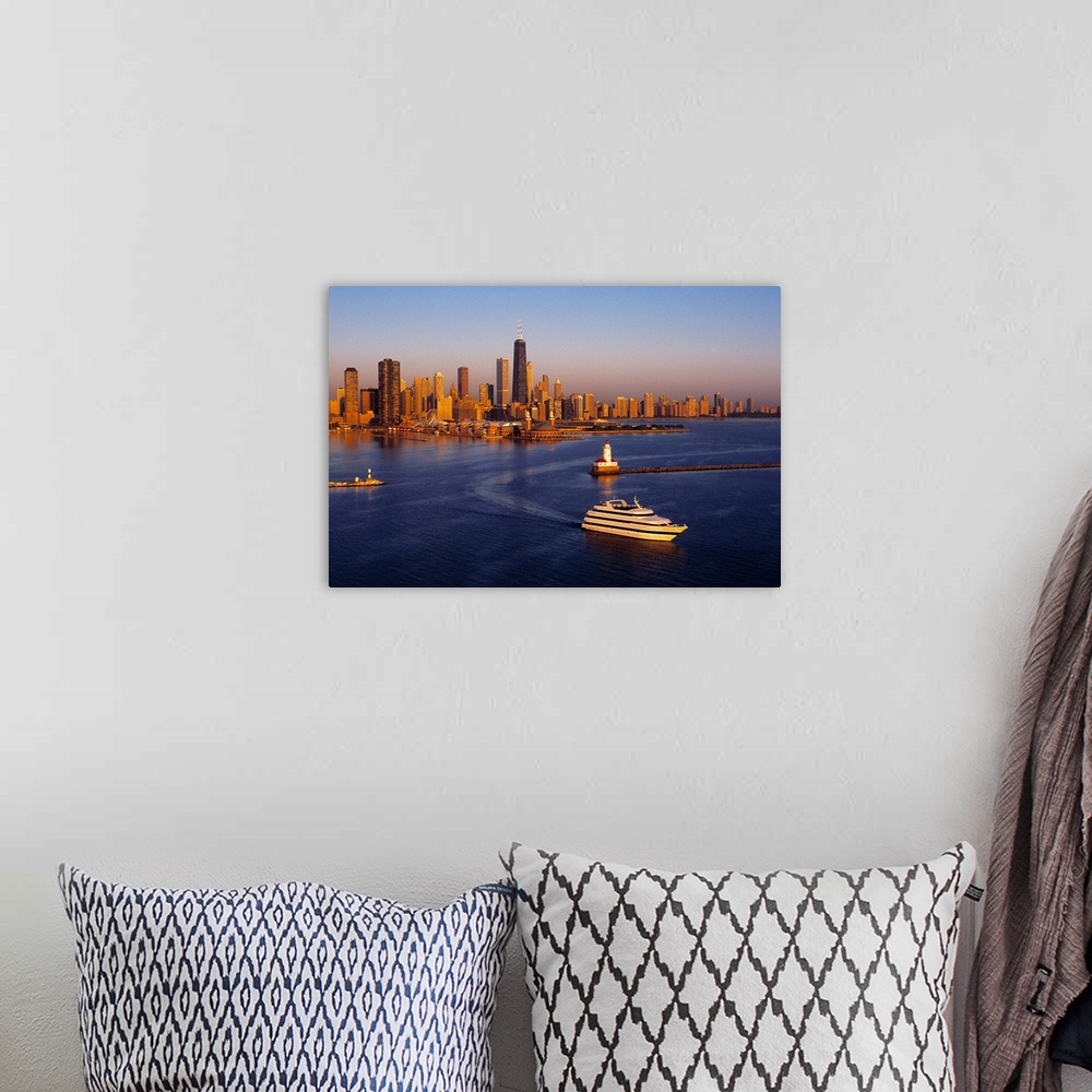 A bohemian room featuring Aerial view of Chicago skyline at sunrise, Chicago, Cook County, Illinois, USA