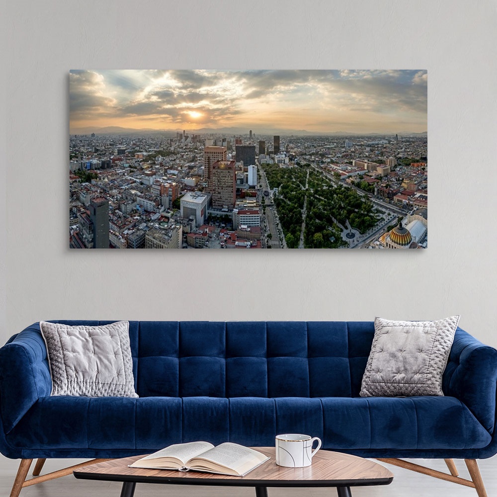 A modern room featuring Aerial view of cityscape from Torre Latinoamericana, Mexico City, Mexico.