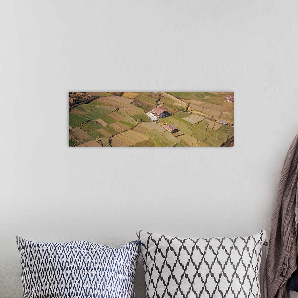 A bohemian room featuring Aerial view of farmhouses in fields, Kathmandu, Nepal