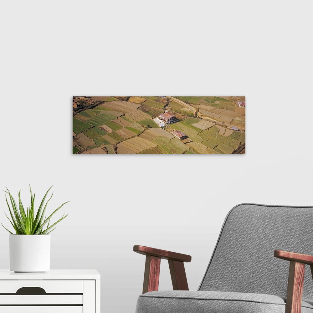 A modern room featuring Aerial view of farmhouses in fields, Kathmandu, Nepal