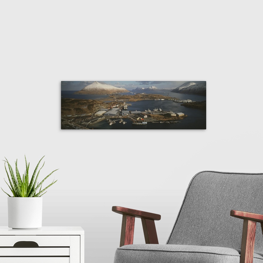 A modern room featuring Aerial view of fishing industry, Unisea Port Complex, Dutch Harbor, Alaska