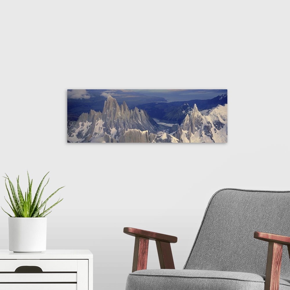 A modern room featuring Panoramic aerial view at 3400 meters of Mount Fitzroy, Cerro Torre Range and Andes Mountains, Pat...