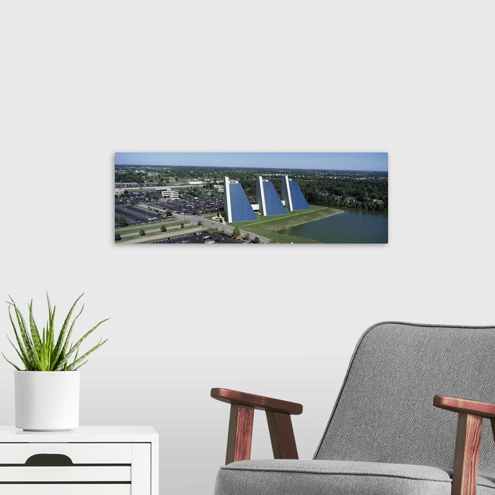 A modern room featuring Aerial view of office buildings in a city The Pyramids College Park Indianapolis Marion County In...