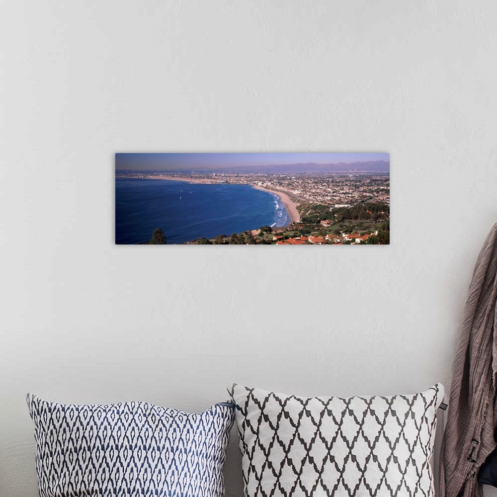 A bohemian room featuring Aerial view of a city at coast, Santa Monica Beach, Beverly Hills, Los Angeles County, California...