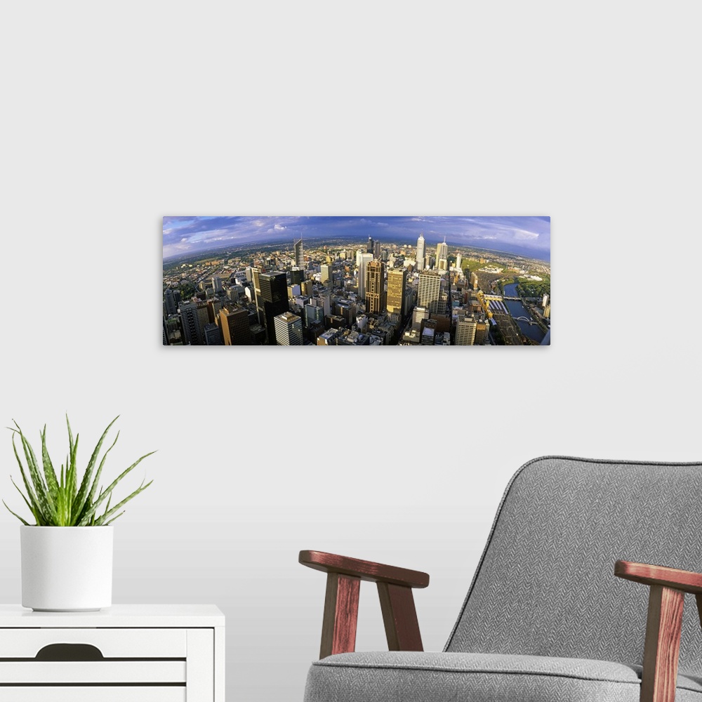 A modern room featuring Aerial view of skyscrapers in a city, Melbourne, Australia, 1996