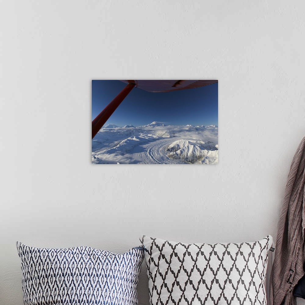 A bohemian room featuring Aerial view of snow covered mountains on a polar landscape, Mt Mckinley, Denali National Park, Al...