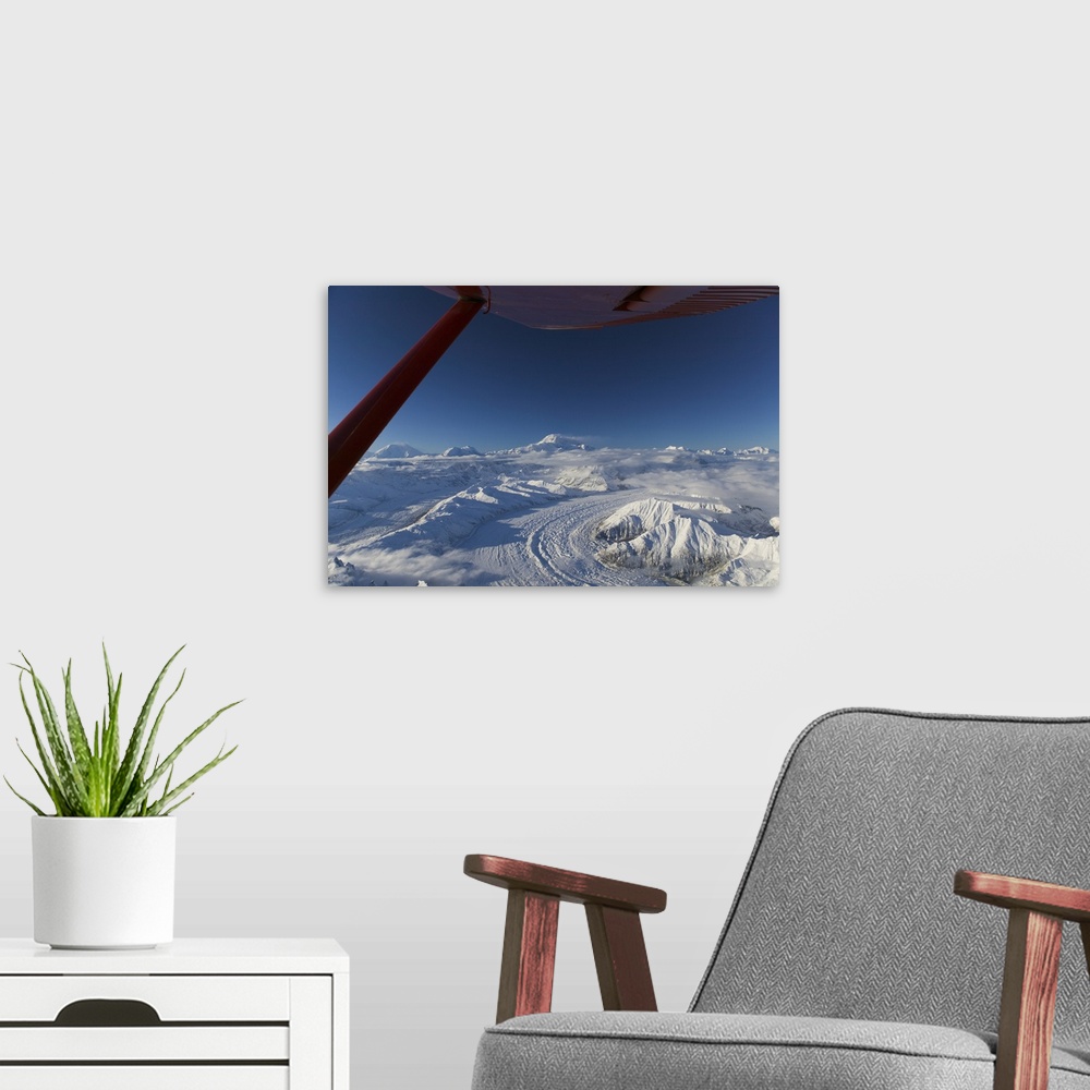 A modern room featuring Aerial view of snow covered mountains on a polar landscape, Mt Mckinley, Denali National Park, Al...