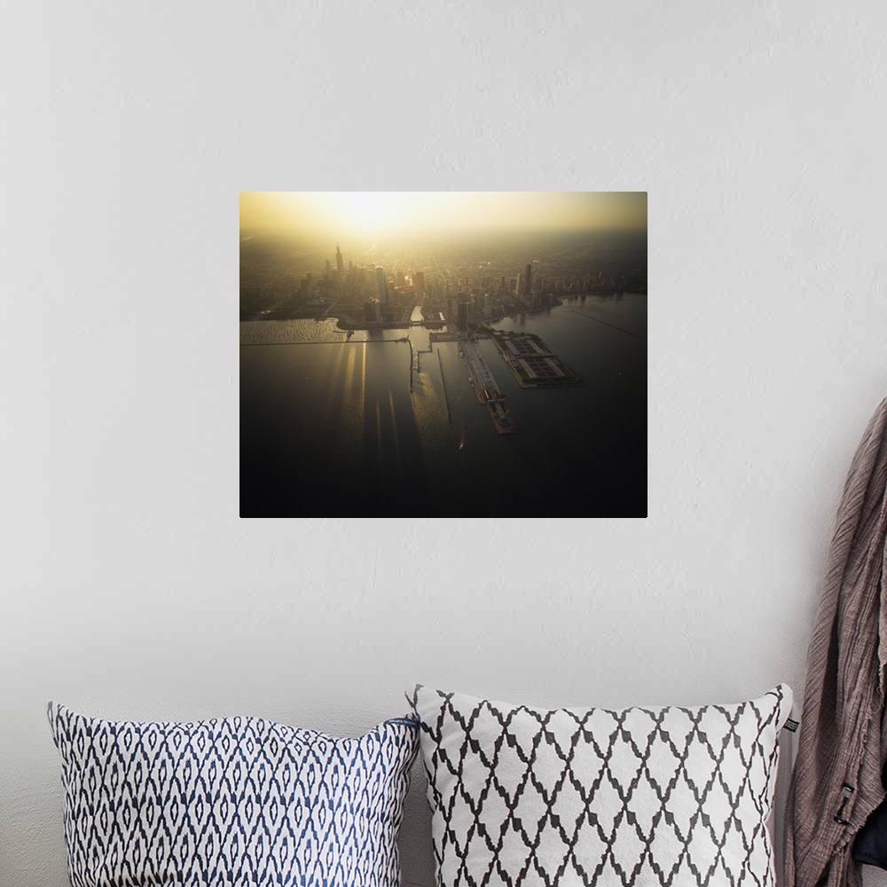 A bohemian room featuring Aerial view of sunrise over a cityscape, Chicago, Illinois