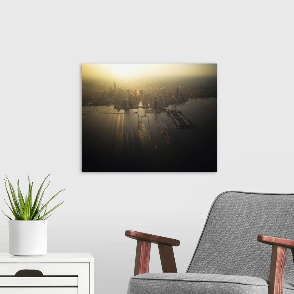 A modern room featuring Aerial view of sunrise over a cityscape, Chicago, Illinois