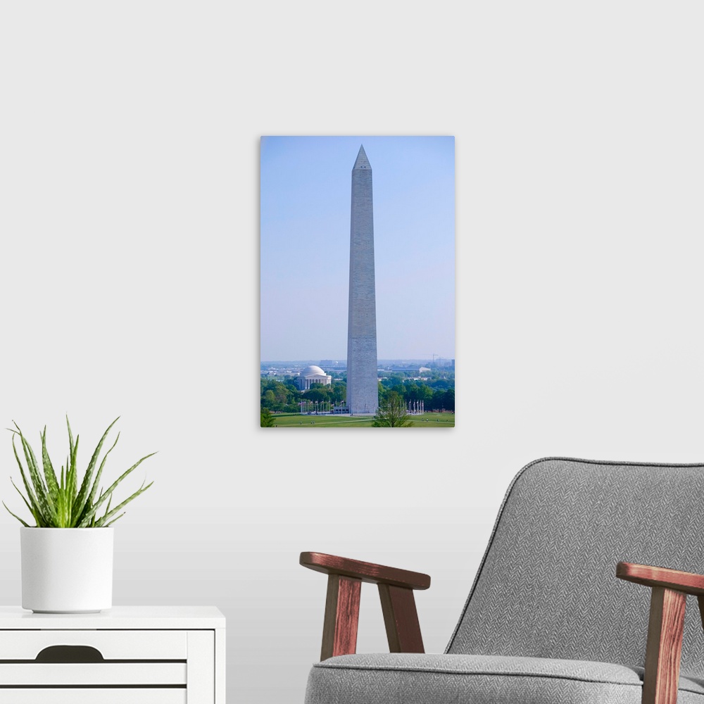 A modern room featuring Aerial view of Washington Monument and Jefferson Memorial in spring in Washington D.C.