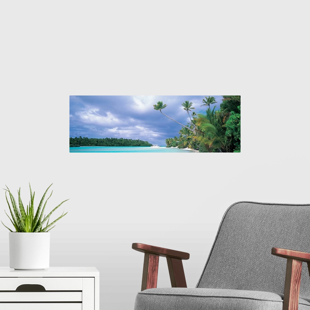 A modern room featuring Panoramic photograph of lagoon with shoreline full of trees and tree covered island in distance u...