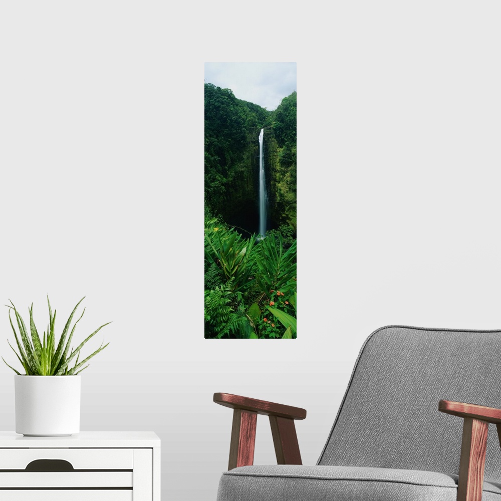 A modern room featuring A waterfall plunges into a steep gorge surrounded by tropical jungle in this Hawaiian state park ...