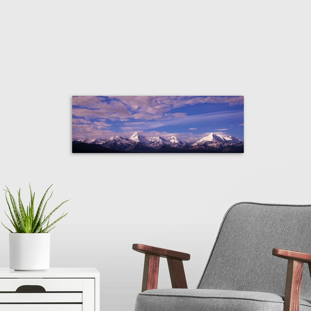 A modern room featuring Alaska, Denali National Park, Mt Mather & Mt Brooks, Panoramic view of snow covered peaks