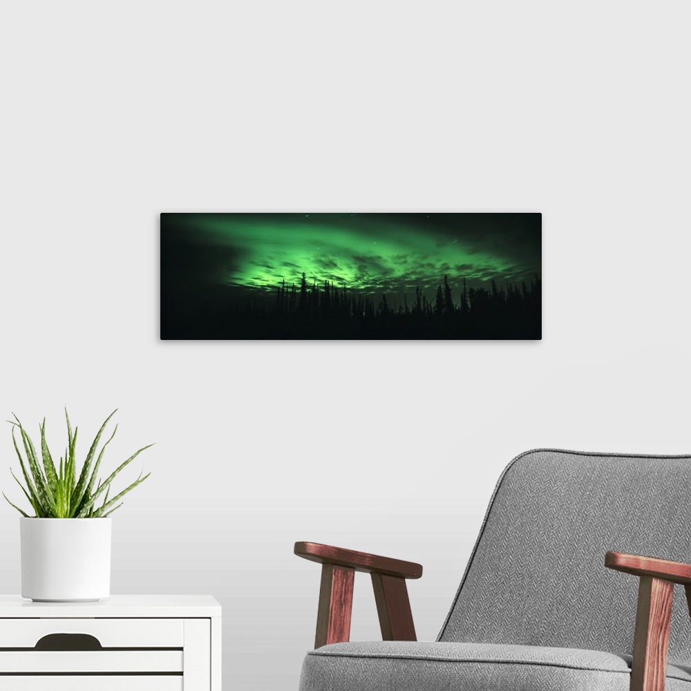 A modern room featuring Giant, panoramic photograph of the northern lights in Fairbanks, Alaska, over the silhouettes of ...