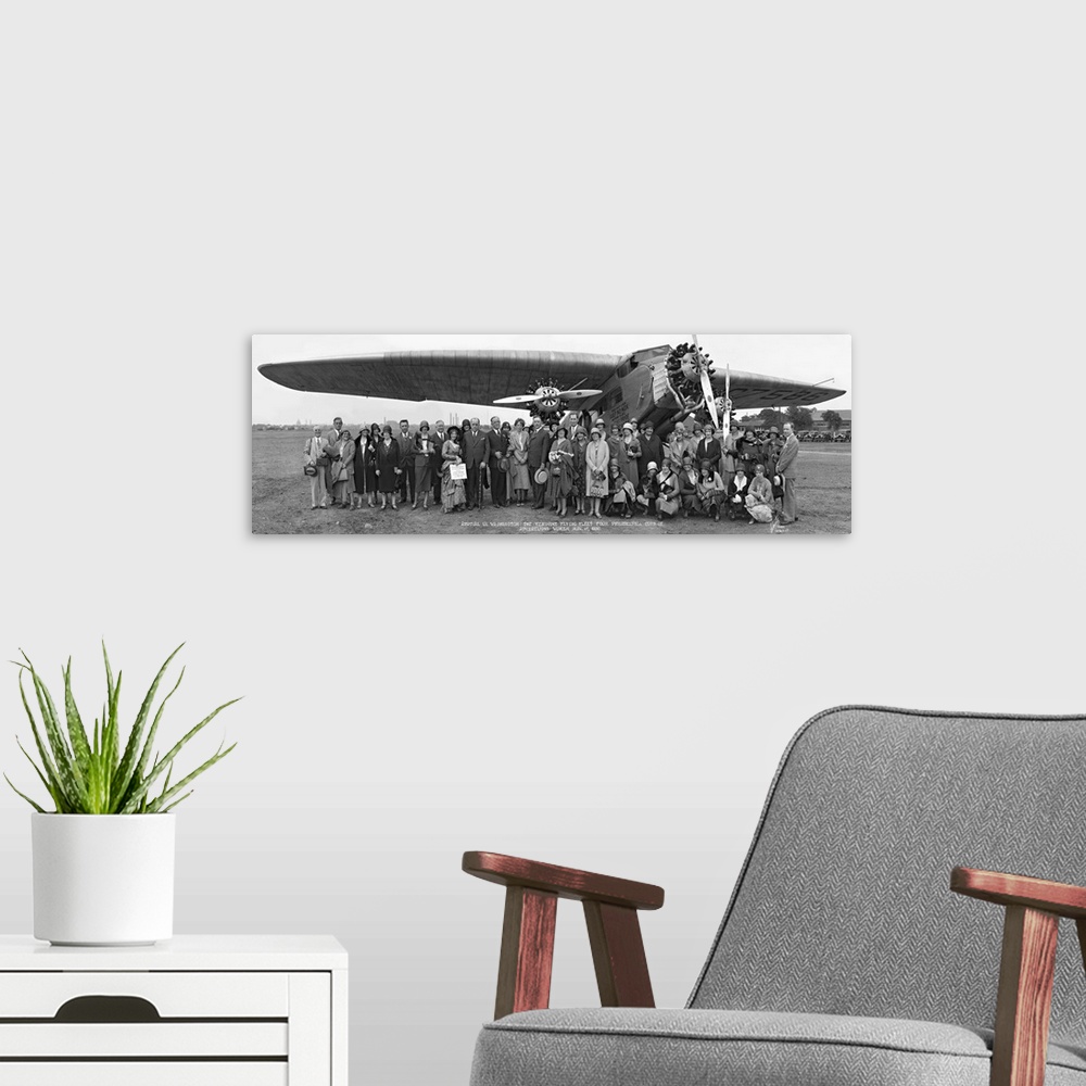 A modern room featuring Vintage panoramic image of Amelia Earhart and  plane gathered with supporters in Philadelphia.