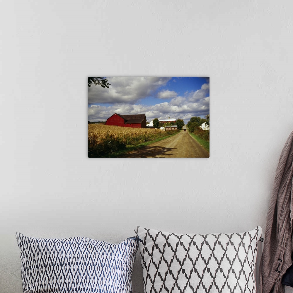 A bohemian room featuring Photograph of wheat field, barn and farmhouses along dirt road under a cloudy sky.