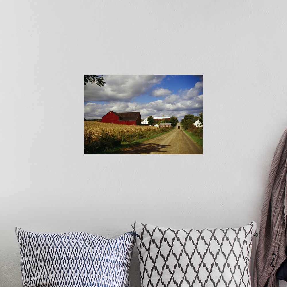 A bohemian room featuring Photograph of wheat field, barn and farmhouses along dirt road under a cloudy sky.