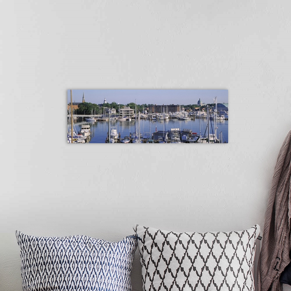 A bohemian room featuring Panoramic photograph of harbor filled with boats with trees in the distance under a clear sky.