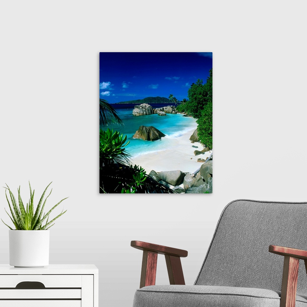 A modern room featuring This is vertical photograph of a beach landscape framed by tropical foliage with massive boulders...