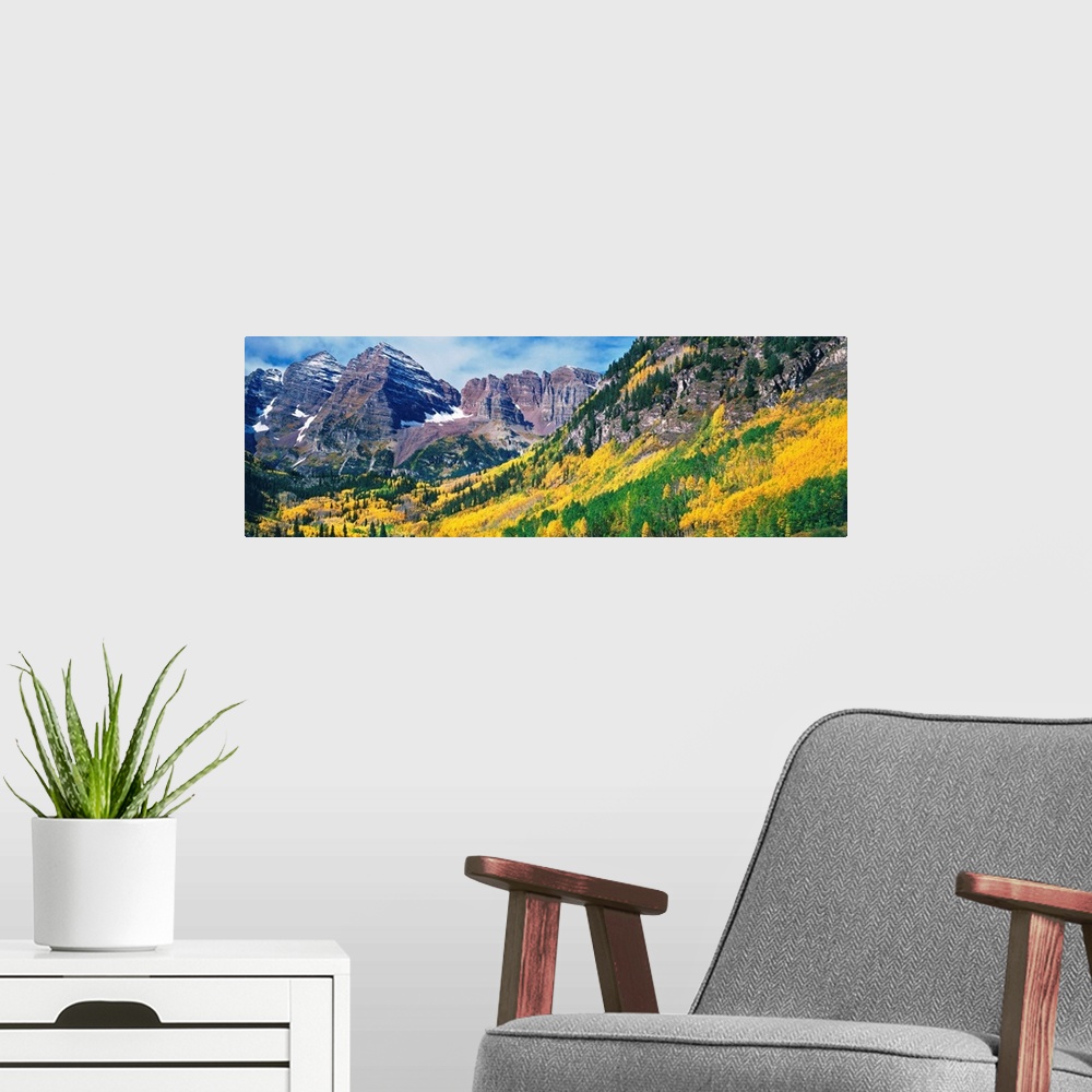 A modern room featuring Aspen trees in autumn with Maroon Bells, Elk Mountains, Pitkin County, Colorado