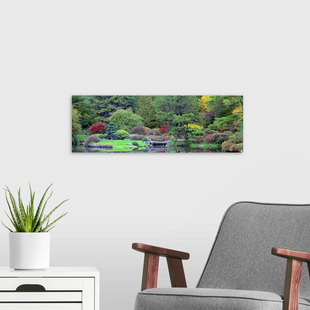 A modern room featuring Panoramic photograph taken of lush and dense foliage that grows behind a small body of water.