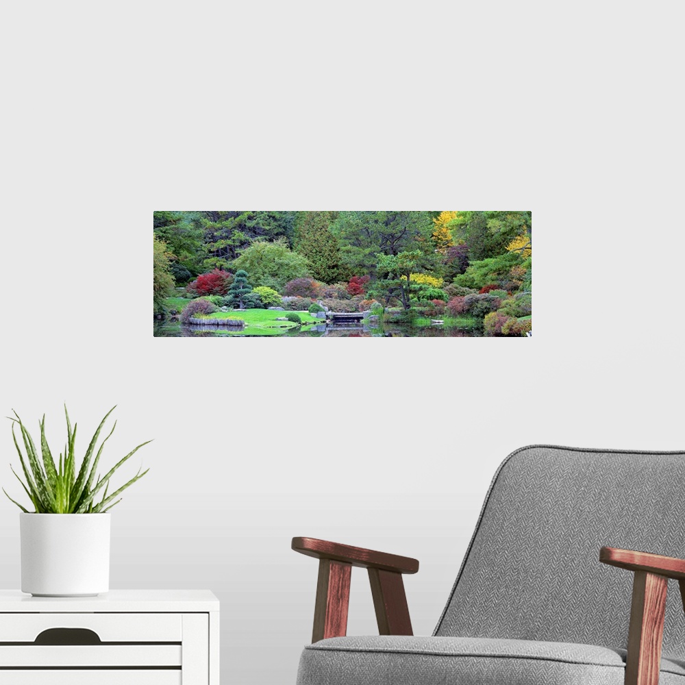 A modern room featuring Panoramic photograph taken of lush and dense foliage that grows behind a small body of water.