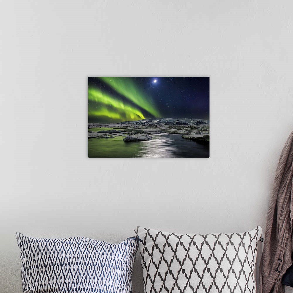 A bohemian room featuring Aurora Borealis illuminating the skies, Jokulsarlon Glacial lagoon, Iceland