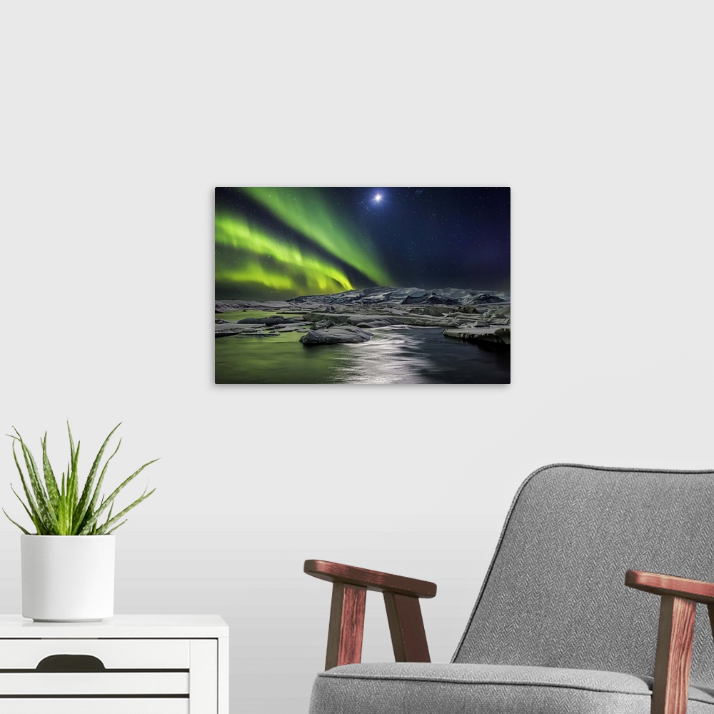 A modern room featuring Aurora Borealis illuminating the skies, Jokulsarlon Glacial lagoon, Iceland