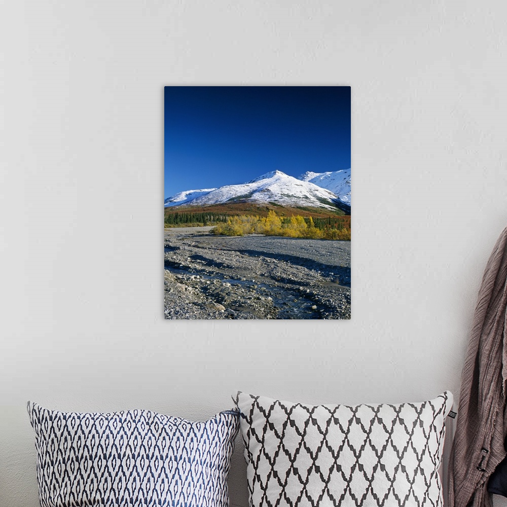 A bohemian room featuring Autumn color foliage along rocky river bed, snowy foothills, Denali National Park, Alaska