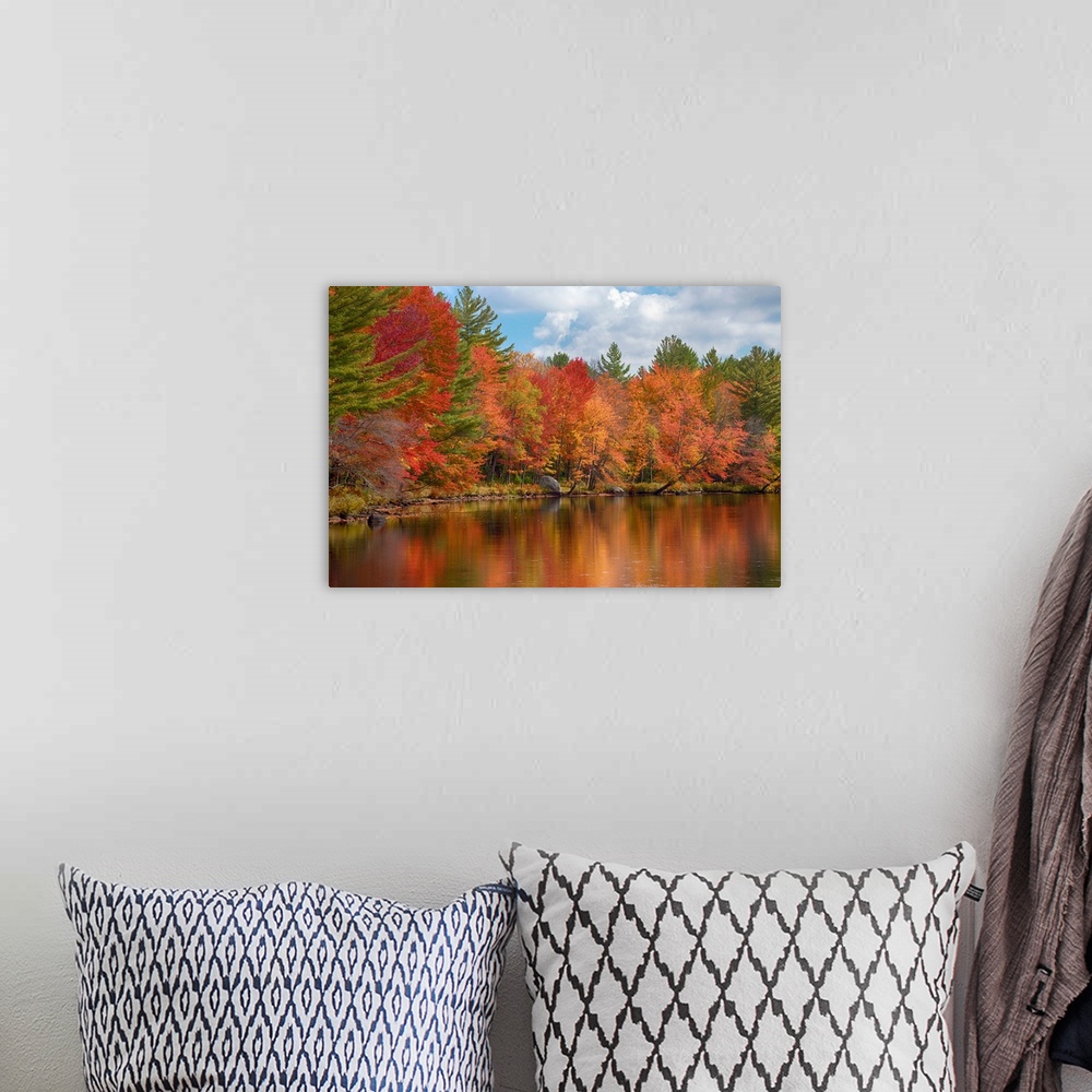 A bohemian room featuring Autumn trees at riverbank, Oswegatchie River, Adirondack Mountains State Park, New York State, USA