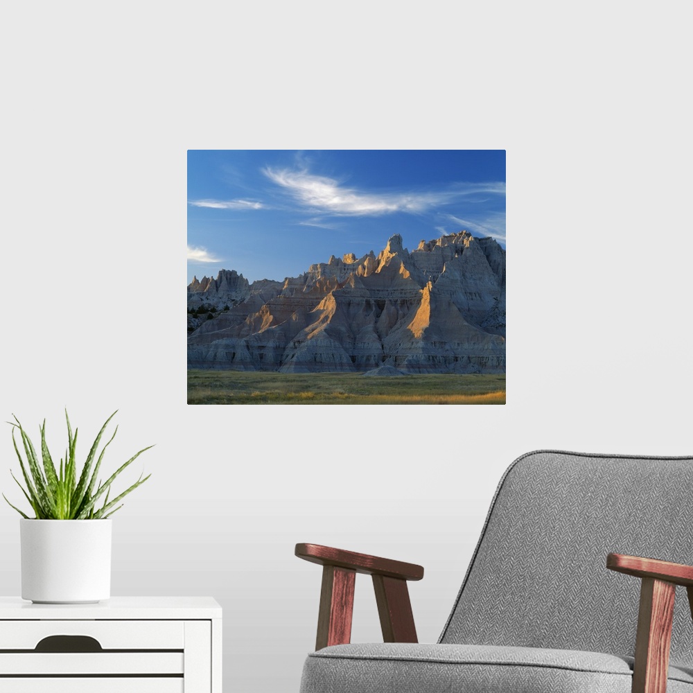 A modern room featuring Badlands landscape with pinnacles , Cedar Pass, Badlands National Park, South Dakota