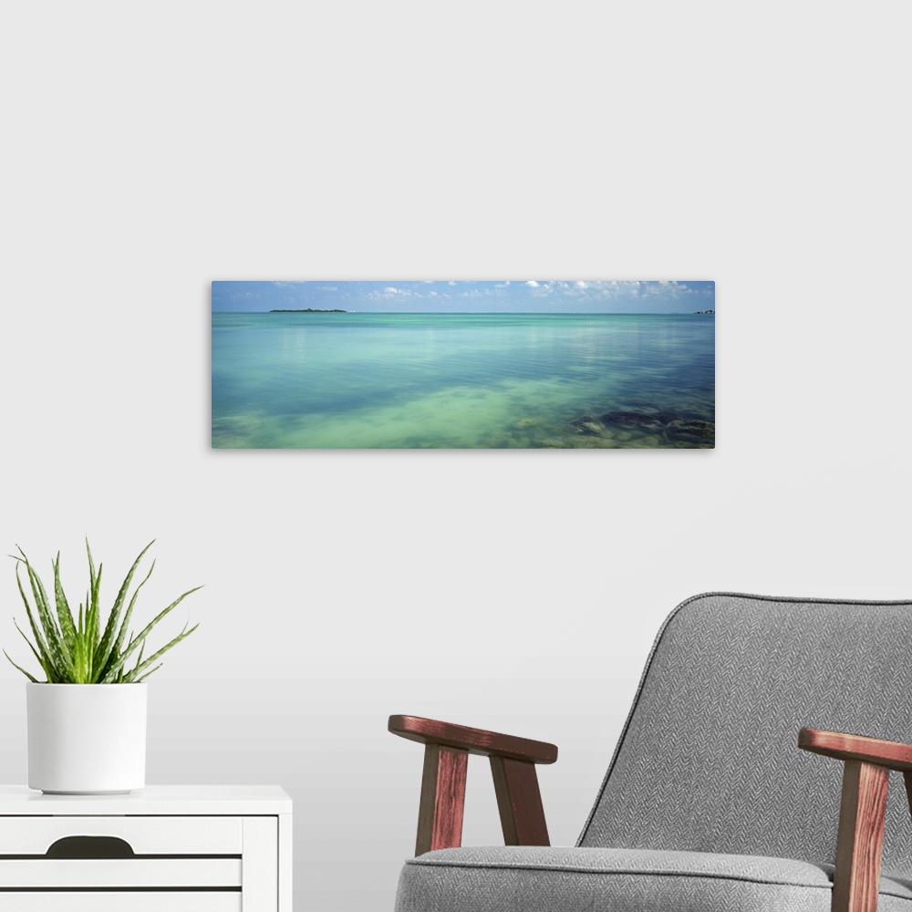A modern room featuring Still, clear waters in a tropical sea in this panoramic seascape photograph.