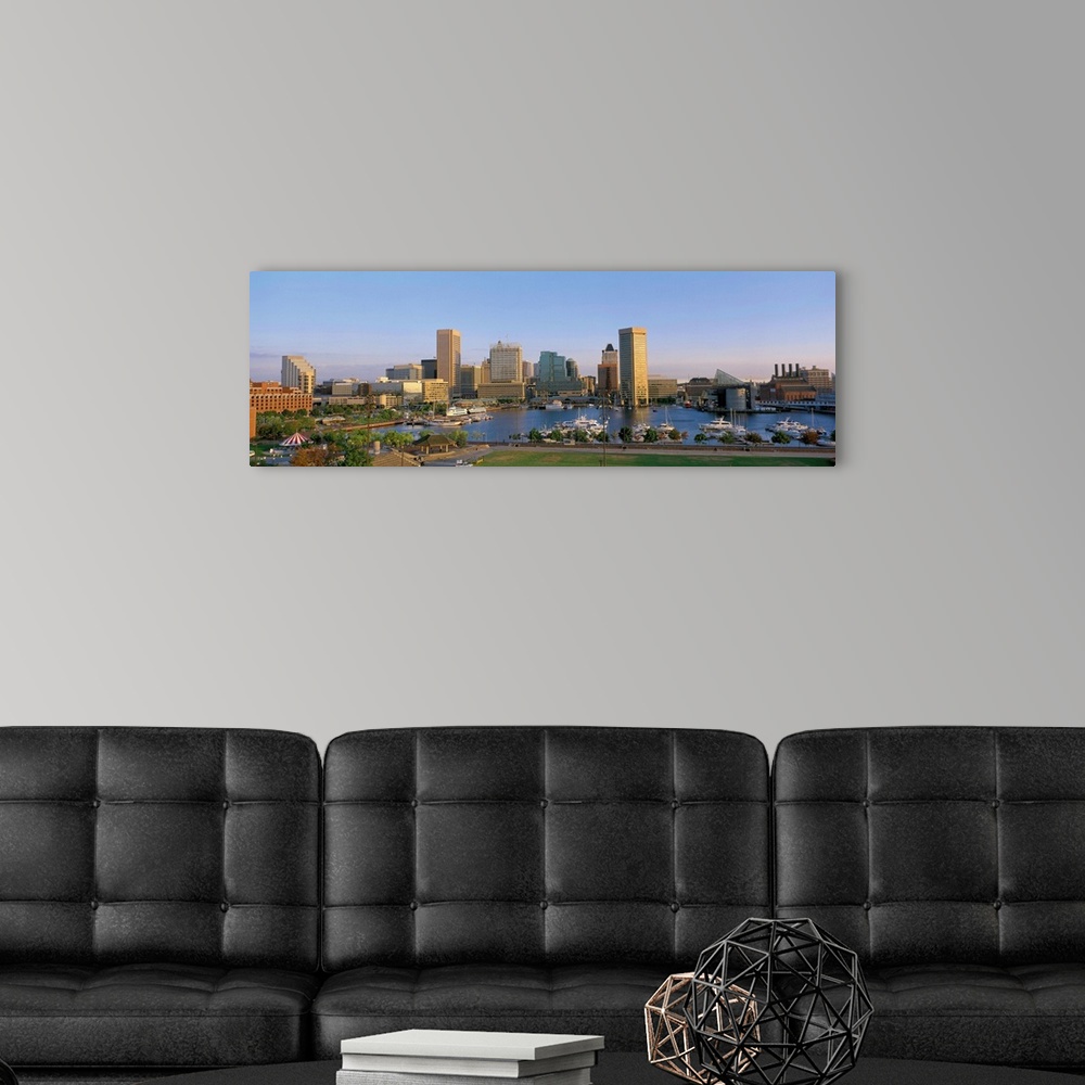 A modern room featuring Panoramic Baltimore, MD Inner Harbor in the morning light.