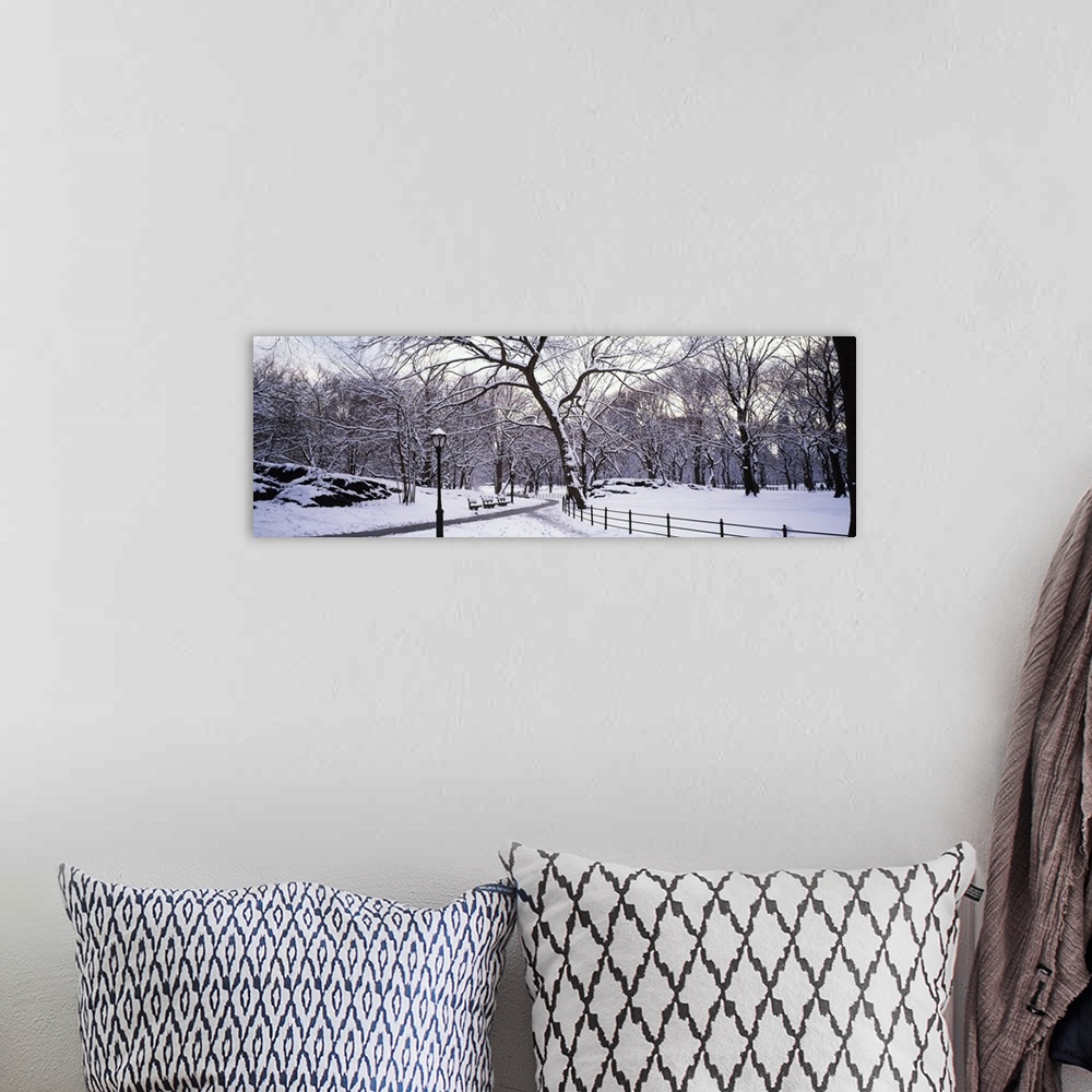 A bohemian room featuring Panoramic photograph of snow covered park.  There are benches, trees, a wooden fence and snow-cle...