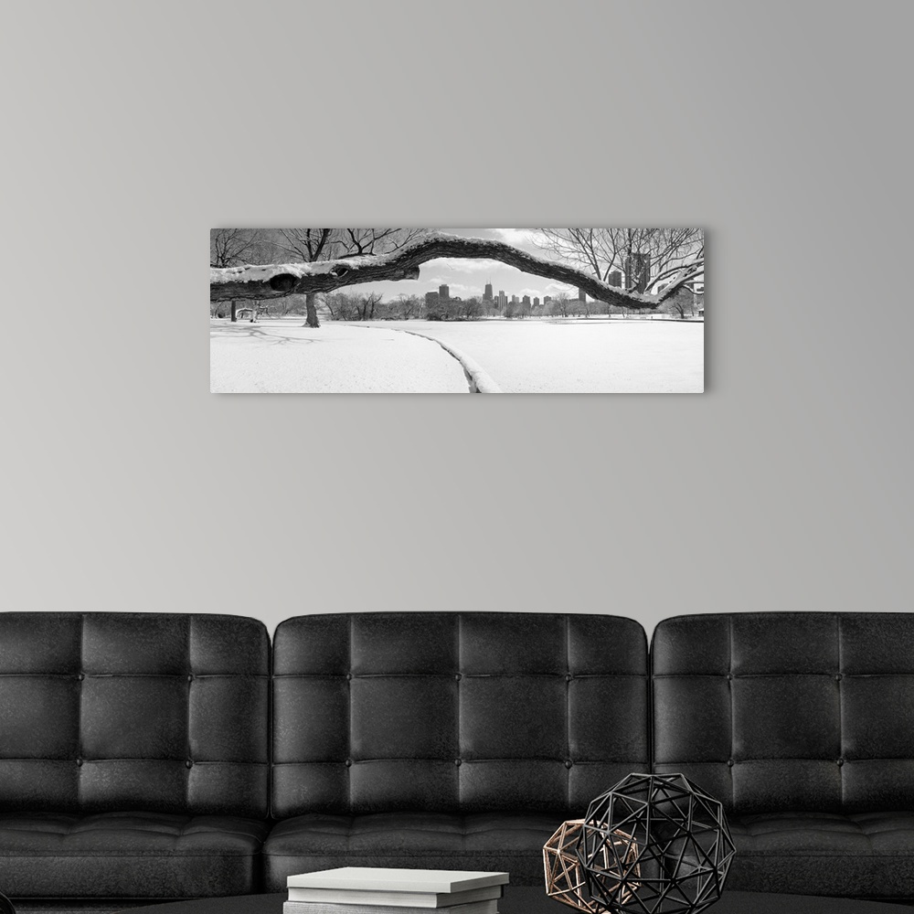 A modern room featuring Large panoramic photograph of a snow covered tree branch close up with snow on the ground and the...