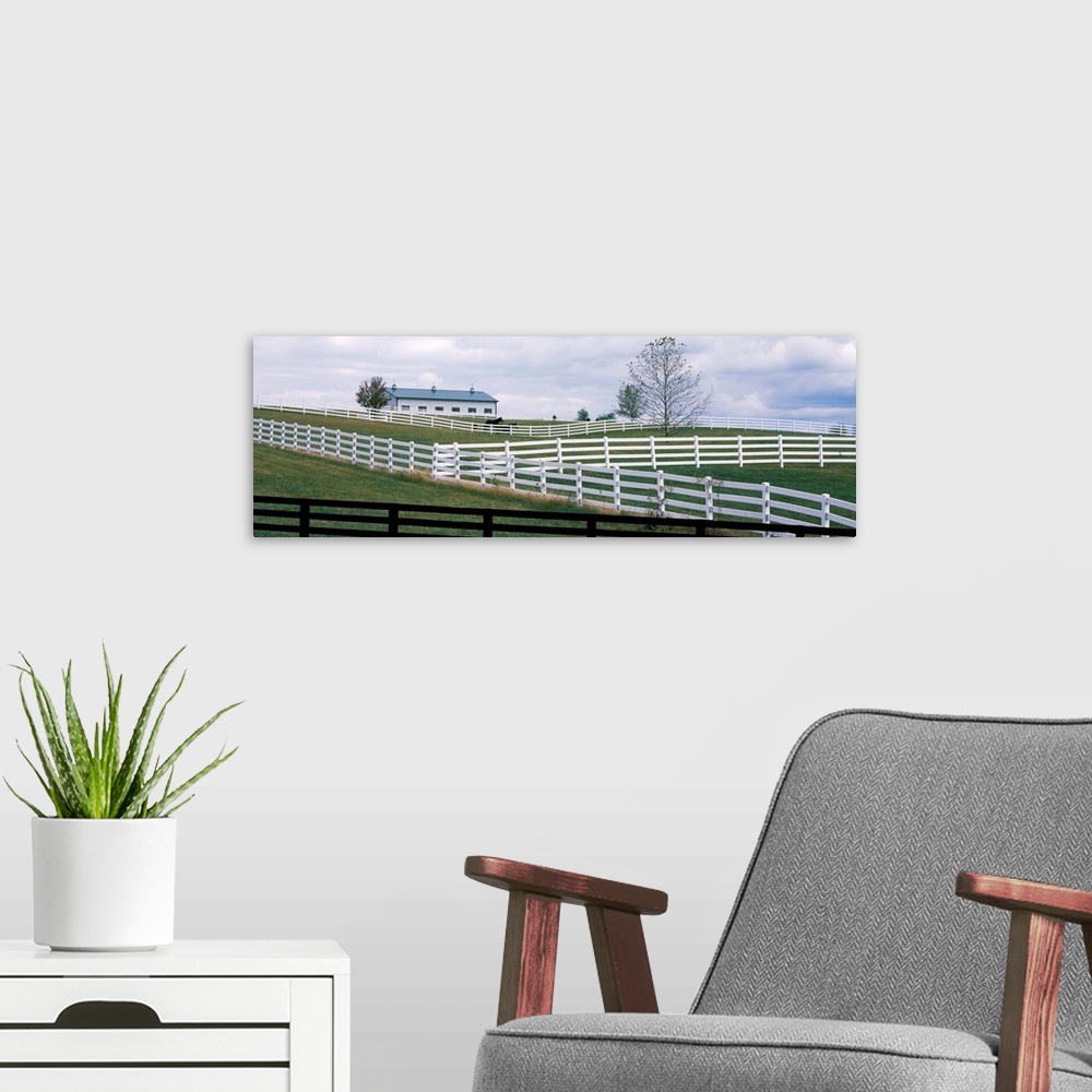 A modern room featuring Horse corral fences and barn in Kentucky.	In Lebanon, KY a hillside of white and black fences of ...