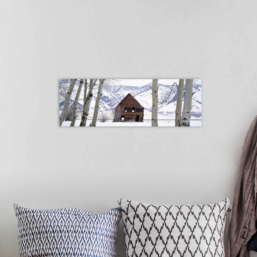 A bohemian room featuring This wall art is a panoramic photograph of decrepit barn in a snowy valley.