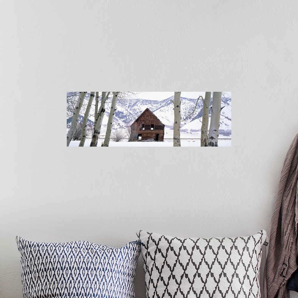 A bohemian room featuring This wall art is a panoramic photograph of decrepit barn in a snowy valley.