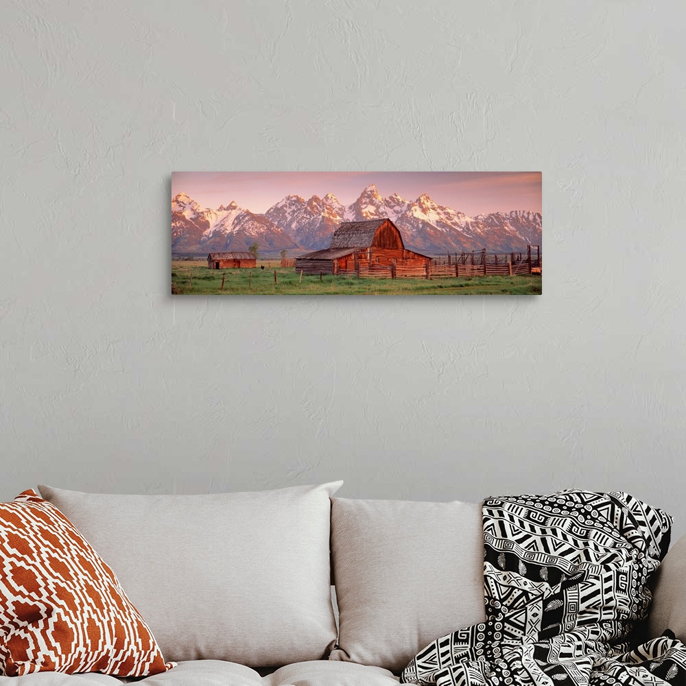 A bohemian room featuring Panoramic photograph of a large barn on a farm in Grand Teton National Park in Wyoming. Located i...