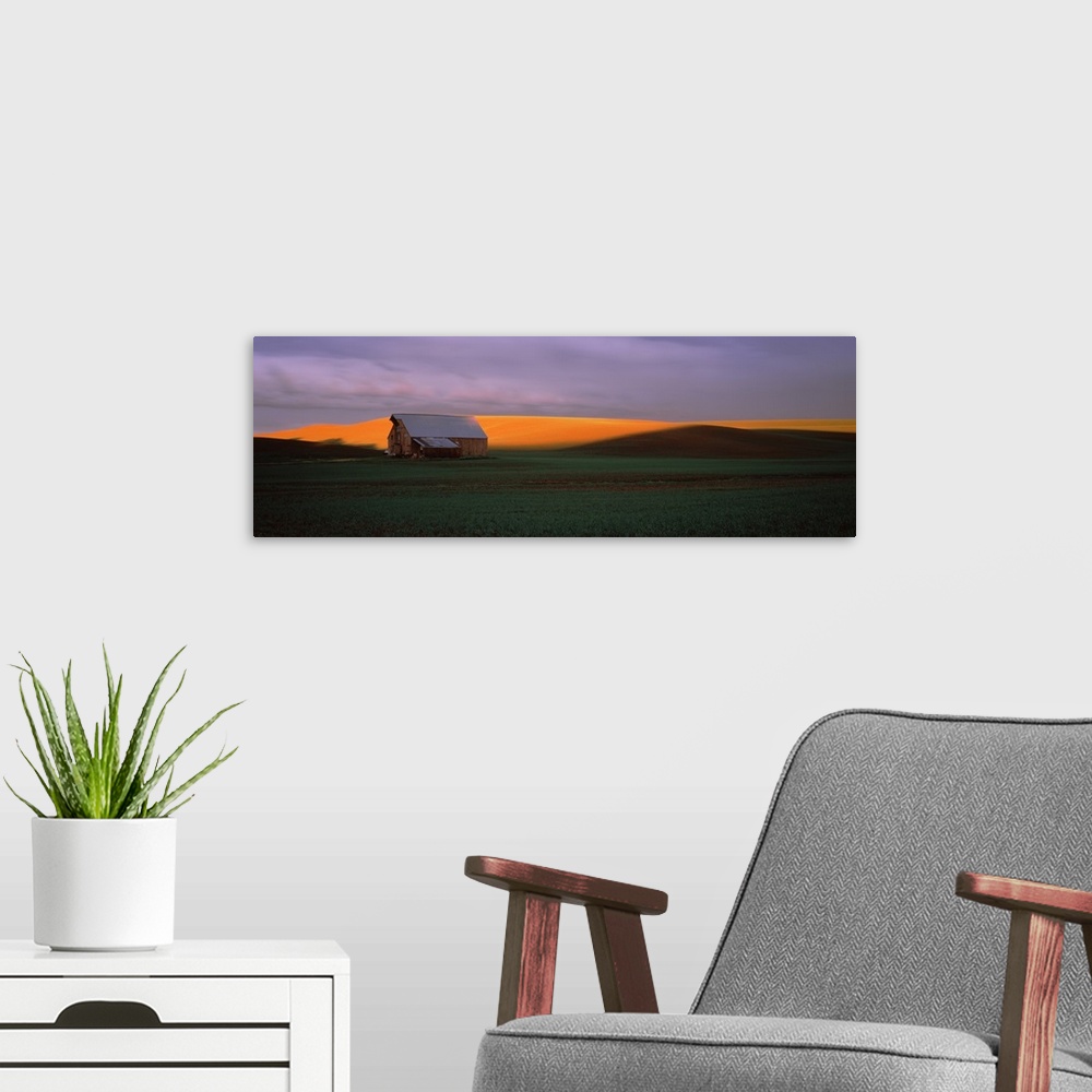 A modern room featuring Barn in a field at sunset, Palouse, Whitman County, Washington State,