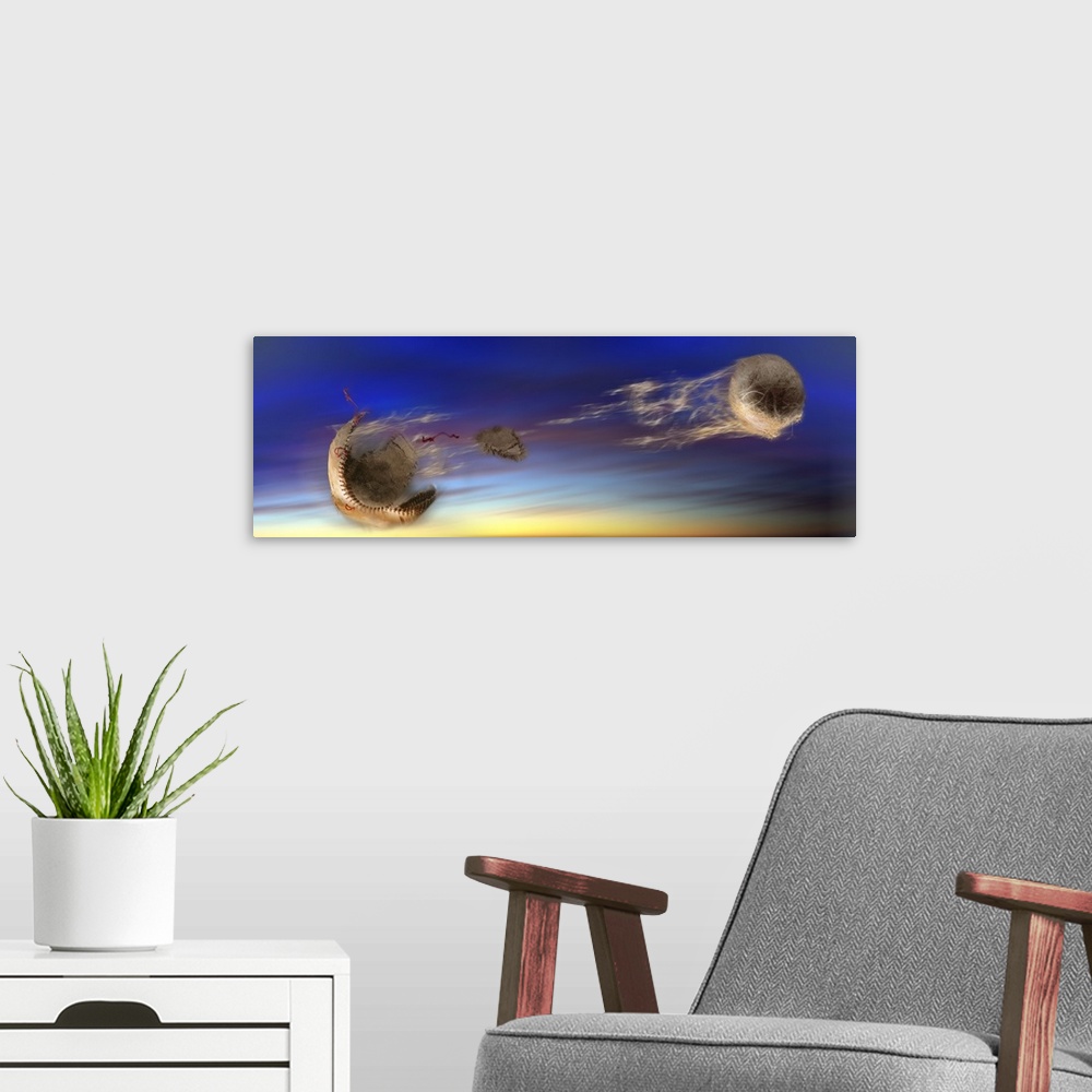 A modern room featuring Panoramic digital artwork of the inside of a baseball separating from its outer cover. Streaks of...