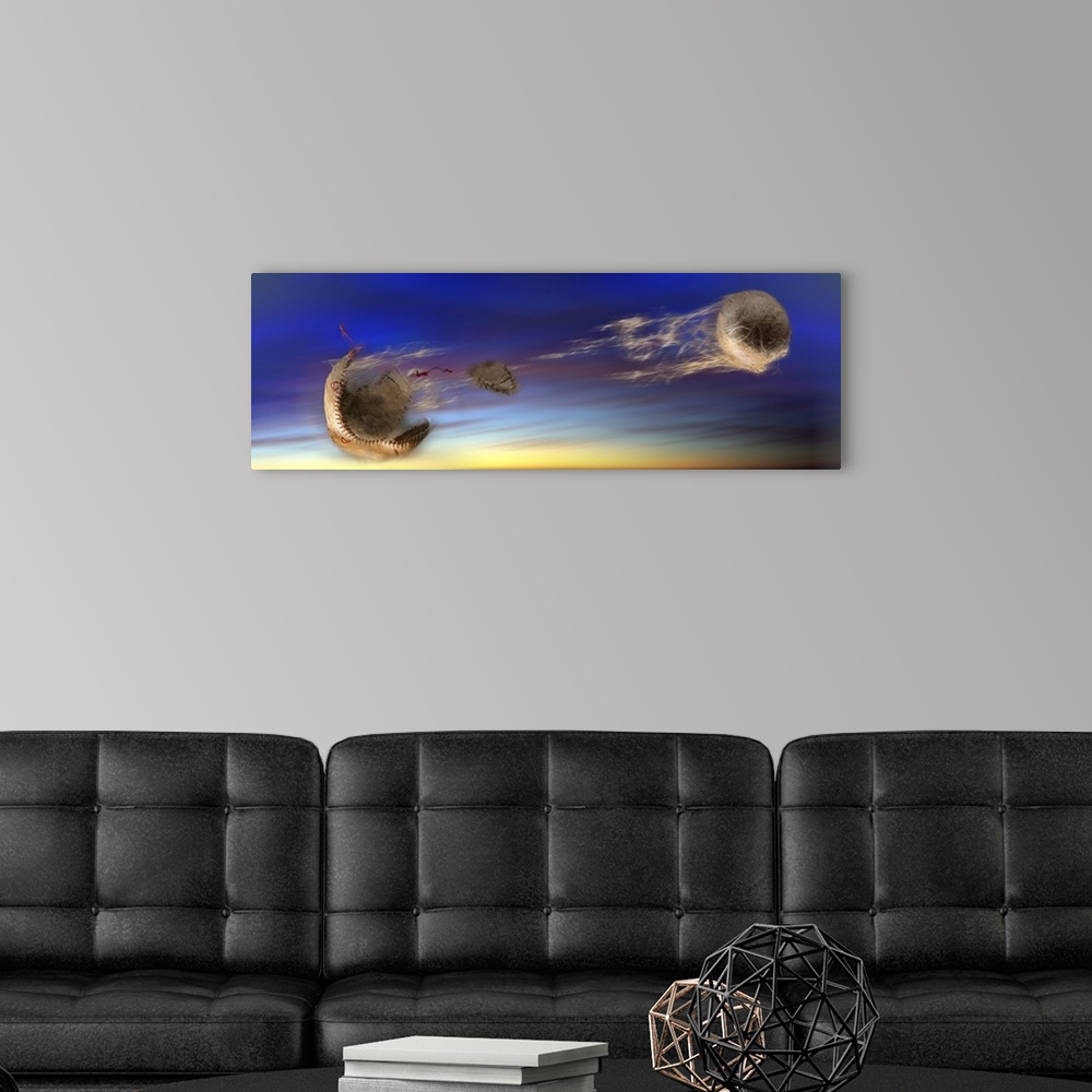 A modern room featuring Panoramic digital artwork of the inside of a baseball separating from its outer cover. Streaks of...