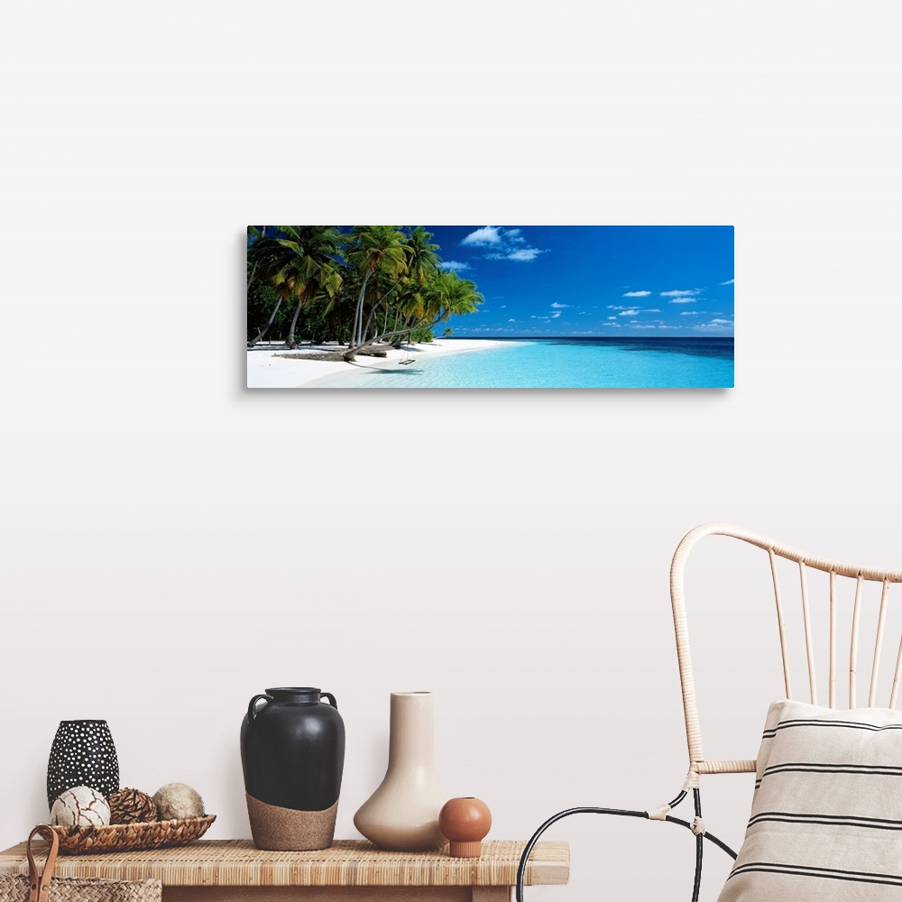 A farmhouse room featuring Panoramic photograph of a vibrant beach on a sunny day in Maldives.  The tall palm trees run acro...