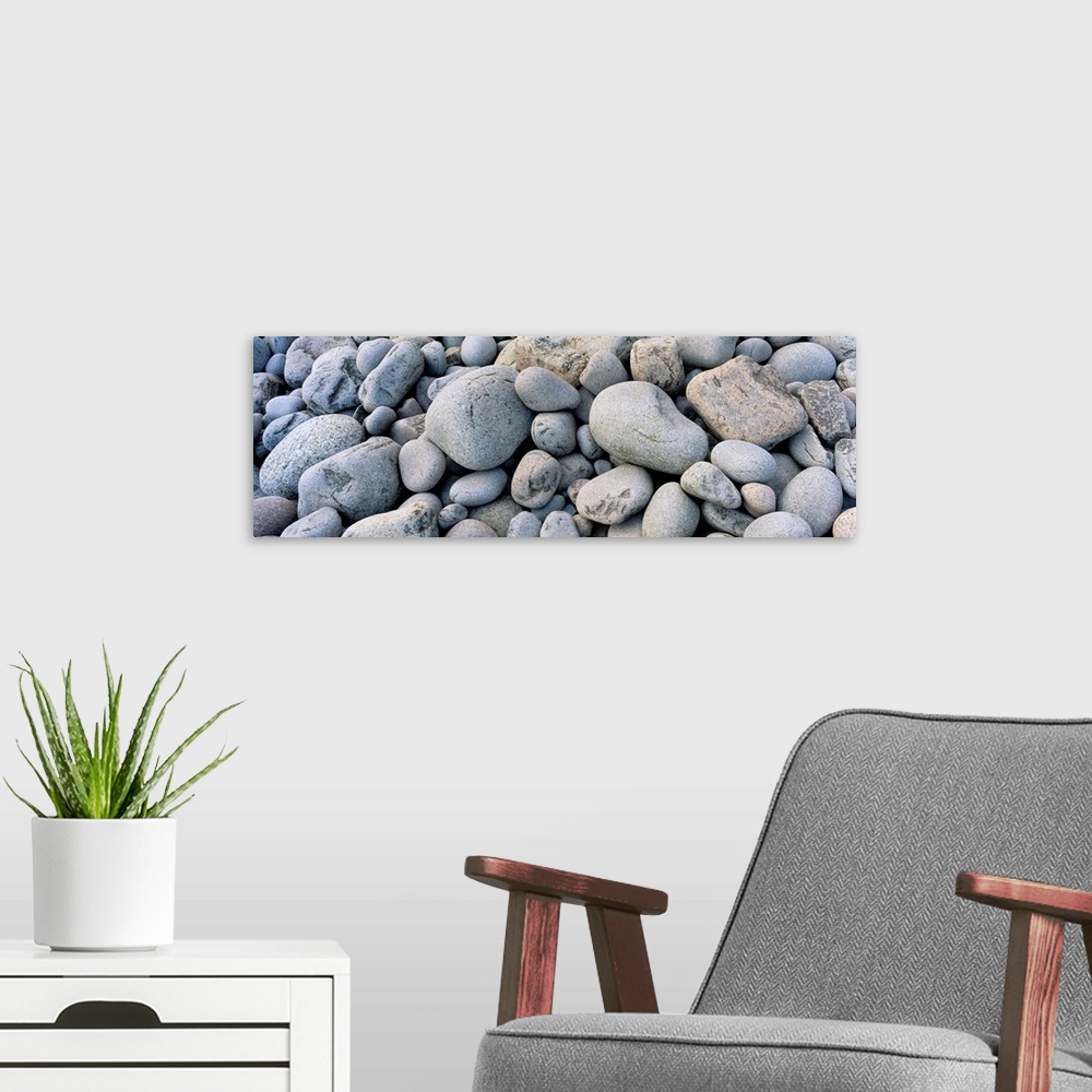 A modern room featuring Up-close panoramic photograph of seaside pebbles and rocks.