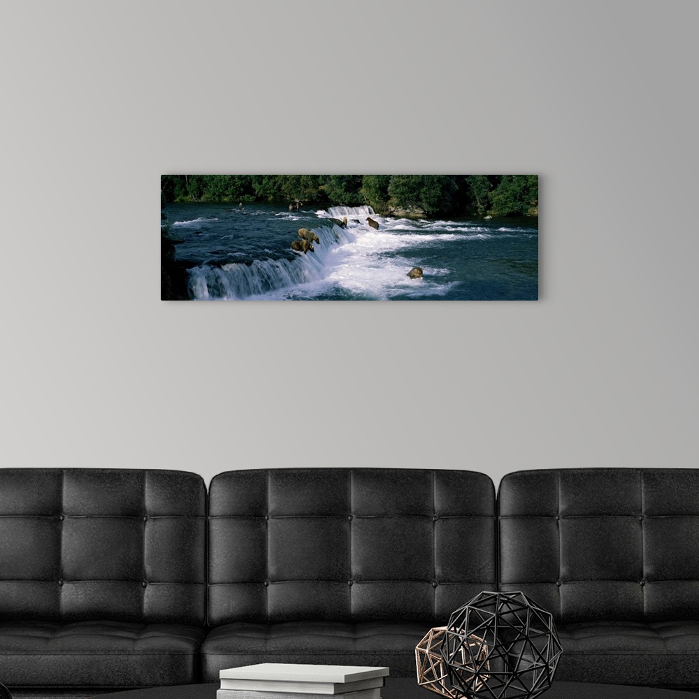 A modern room featuring This large panoramic piece shows bears fishing in water and some about to jump down a small water...